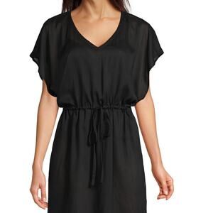 Lands End Plus Size Black Cap Sleeve Drawstring Waist Midi Dress 2X 20W-22W